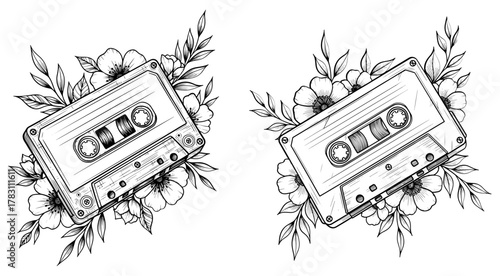 Two retro cassette tapes surrounded by delicate floral arrangements, creating a nostalgic and artistic composition