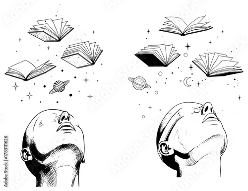A person looks up at floating books, symbolizing knowledge, imagination, and the power of reading