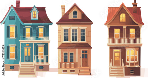 Three colorful stylized houses with unique architecture, gabled roofs, porches, windows, lighting, trim details, cozy charm, urban neighborhood