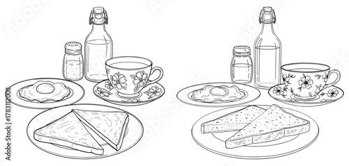 Illustration of a breakfast set with toast, fried egg, tea, and condiments