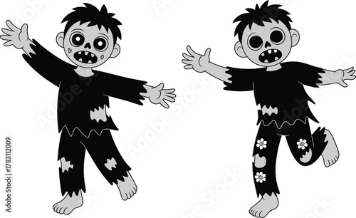 Two cartoon zombie characters with black hair, sharp teeth, tattered clothes, animated poses, flower patches, playful horror design