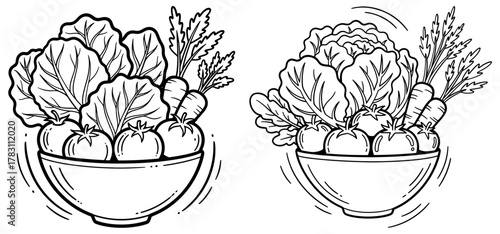 Hand drawn bowl of fresh vegetables, healthy food concept, vector illustration