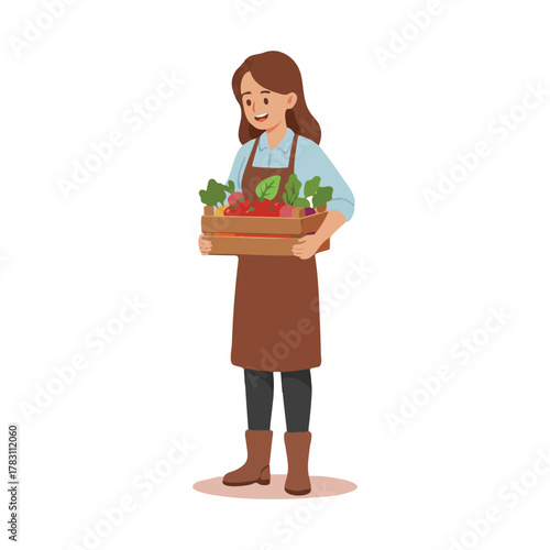 Smiling Woman Holding a Wooden Crate Filled with Fresh Vegetables and Herbs.