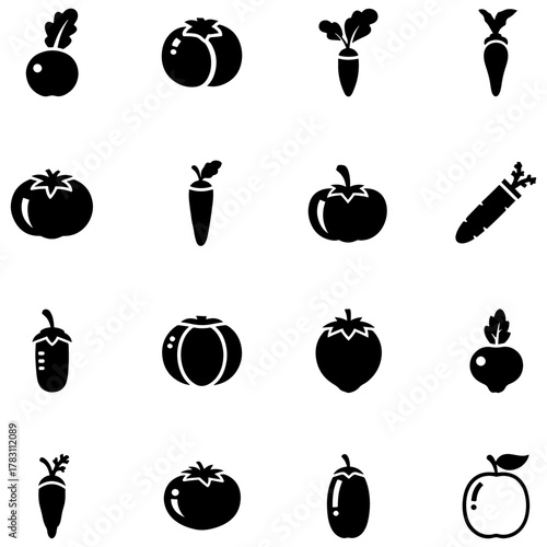 Collection of various vegetable icons, including tomatoes, carrots, beets, and peppers, arranged in a grid pattern