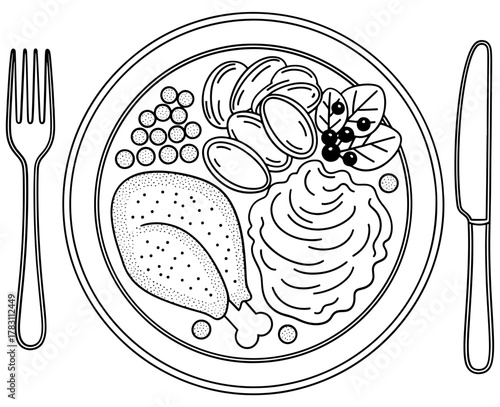 Hand drawn illustration of a thanksgiving dinner includes turkey, mashed potatoes, peas, and other traditional sides