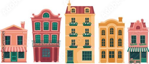 Vector illustration of five colorful stylized buildings with balconies, awnings, flower boxes, and unique architectural design elements in warm tones