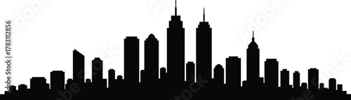Modern city skyline silhouette with skyscrapers, urban buildings, business district, downtown landscape, architecture design, cityscape vector, black and white background