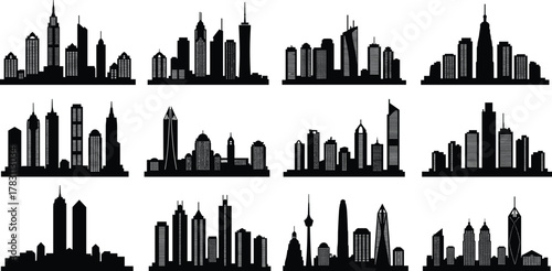 Modern city skyline silhouette, black urban architecture icon set, high-rise cityscape vector, skyscraper silhouettes bundle, downtown building shapes, real estate design illustration