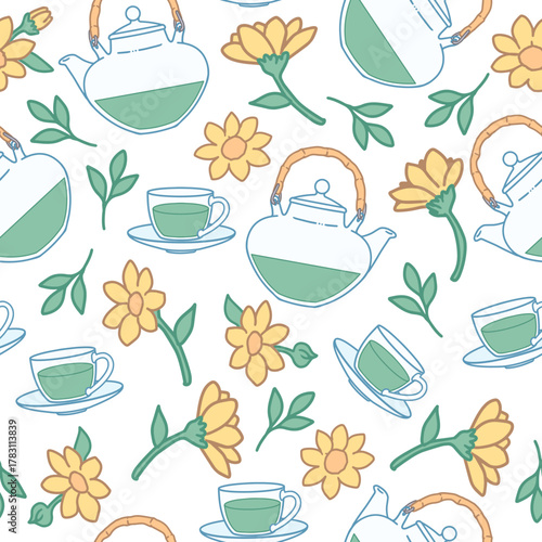 Botanical Tea Pattern with Teapot, Cup, and Leaf Stems. Perfect for packaging, cafe design, tea shop branding, kitchen decor, and organic product backgrounds.