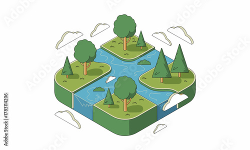 Isometric Illustration of a Green Island Landscape.