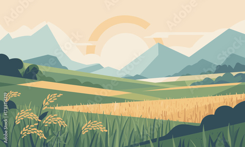 Stylized Landscape Illustration Featuring Fields Mountains and Sky.