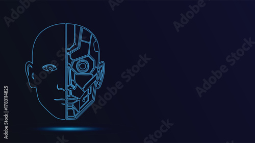 Futuristic Cyborg Face Vector Graphic Humanoid Robot Head Outline Artificial Intelligence Design Blue Neon Cyberpunk Illustration Technology Concept Art