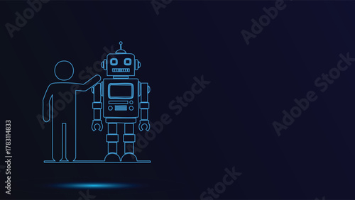 Futuristic Robot and Human Outline Vector Graphic on Dark Blue Background - Technology Artificial Intelligence Automation Machine Learning Innovation Science