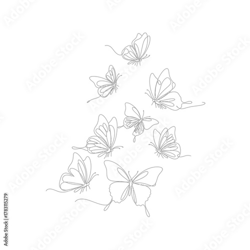 Delicate sketch of butterflies in flight silhouette