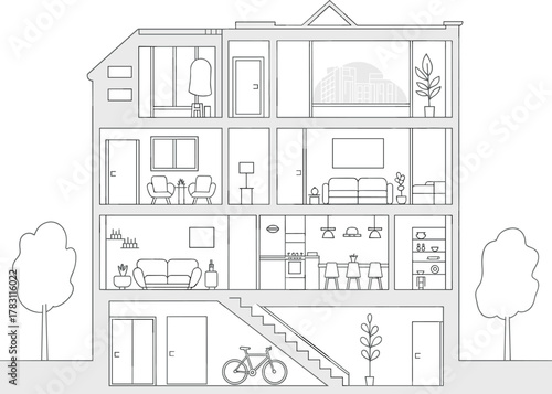 Modern house cross-section illustration, interior room layout, black and white vector home design, architectural floor plan, detailed apartment sketch