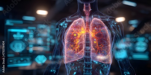 AI-generated 3D holographic visualization of human lungs showing lung cancer cells and inflammation, futuristic medical technology and healthcare diagnosis concept.