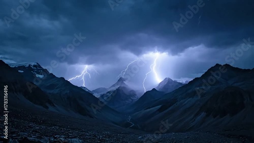 The powerful visual impact of a single, massive lightning strike momentarily brightening a desolate, rain soaked forest canopy at the height of a storm.