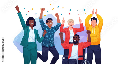 Diverse group of friends and colleagues celebrating success together with confetti, embracing inclusivity and teamwork