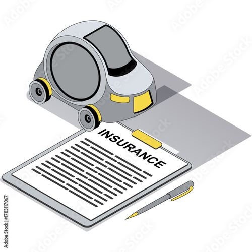 Futuristic Autonomous Vehicle Icon With Insurance Document and Pen on Transparent Background