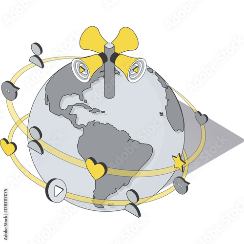 Global Communication And Social Media Network With Megaphones On Top Of Earth Illustration