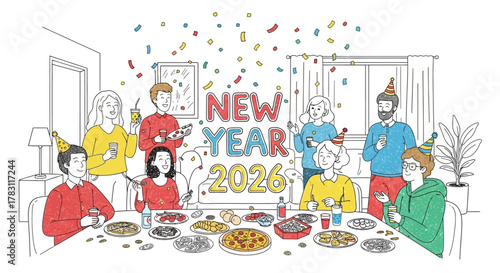 Group of friends celebrating New Year 2026 together at home enjoying food and drinks in a simple line art illustration