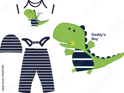 baby bodysuit with pant cute Dino print vector