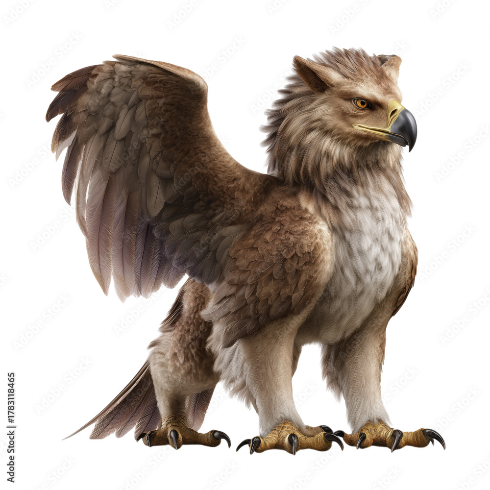 Obraz premium Brown Griffin Creature with Feathered Wings and Talons isolated on a transparent background