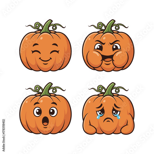 Four funny cartoon pumpkin characters with exaggerated facial expressions: joyful, angry with cheeks puffed out, shocked, and crying sad