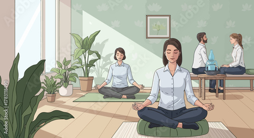 Calm professionals find inner peace meditating in a serene, plant-filled office space, fostering wellness and productivity.