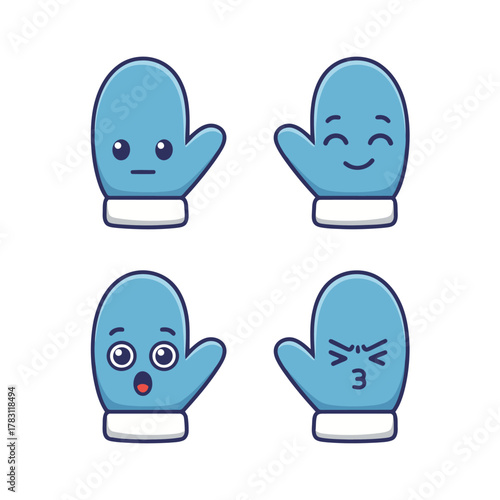 Collection of four cute blue winter mitten cartoon characters with different facial expressions: neutral, happy, surprised, and a blowing-a-kiss or displeased face