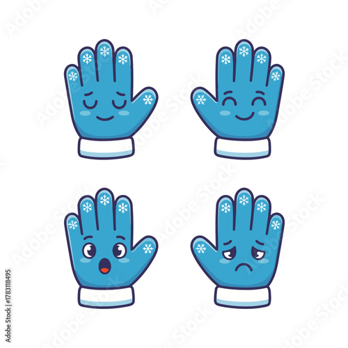 Set of four cute blue winter glove cartoon characters with snowflake pattern and various facial expressions: content, happy, surprised, and sad