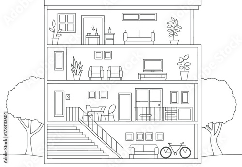 Modern house interior cross-section, architectural home blueprint, line art design, apartment layout drawing, detailed building sketch, vector illustration