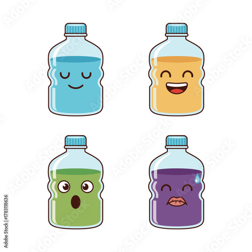 Set of four cartoon liquid bottle characters with various colors and facial expressions: peaceful blue water, laughing yellow, surprised green, and sultry purple with a drop