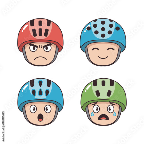 Set of four cartoon heads wearing bike or skateboard helmets with different facial expressions: angry, happy, surprised, and crying sad