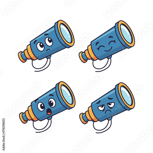 Set of four cute cartoon monocular or spyglass characters with different facial expressions: focused/pensive, happy/winking, surprised/shocked, and angry/sad