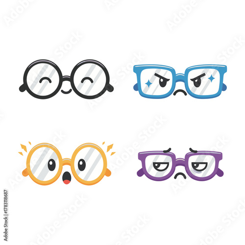 Set of four cartoon glasses (spectacles) characters with various facial expressions: winking happy, angry/cool, shocked/surprised, and tired/disappointed