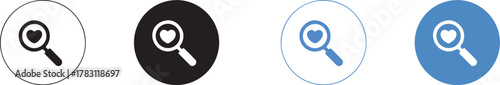 Minimalist Set of Search Icons with Heart Symbol in Magnifying Glass