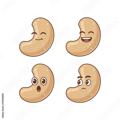 Set of four cute cartoon cashew nut characters with different facial expressions: content, laughing happy, surprised/shocked, and pensive/displeased