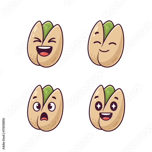 Set of four cute cartoon pistachio nut characters in shell with various facial expressions: laughing happy, content, surprised/shocked, and excited with sparkle eyes