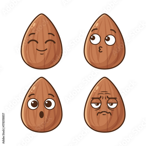 Set of four cute cartoon almond nut characters with various facial expressions: happy/content, blowing kiss/flirty, surprised/shocked, and bored/disinterested