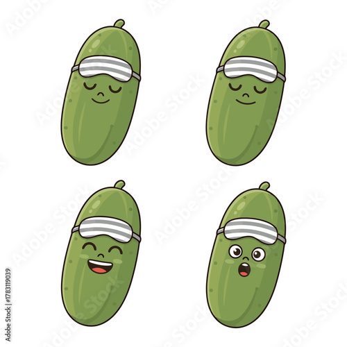 Funny cartoon cucumber with a sleeping mask character set, showing different emotions like peaceful sleep, happy smile, and wide-eyed surprise