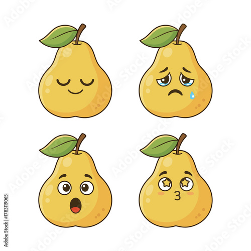 Charming cartoon yellow pear emotions set, including a peaceful face, crying sad face, wide-eyed surprise, and winking kissing face