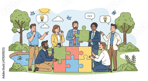 Diverse team collaborating on a giant puzzle, symbolizing synergy, innovation, and successful project completion in a bright, natural setting.