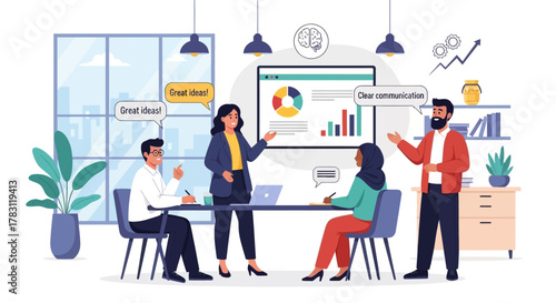 Diverse team collaborating on innovative ideas during a dynamic modern business meeting, fostering creativity and clear communication for success.