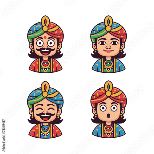 Cartoon Indian man character in traditional royal attire and turban set, showcasing expressive emotions like surprised, happy, laughing, and shocked faces