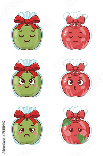 Sweet cartoon green and red apple characters in cellophane gift bags with red bows, featuring expressions like peaceful, shy, winking, and sad faces
