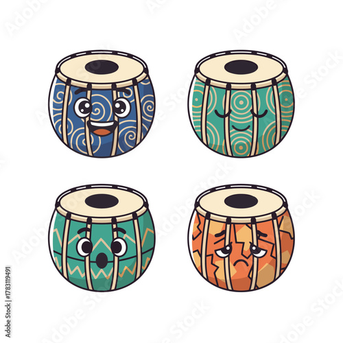 Cute cartoon Tabla (Indian percussion instrument) set, featuring various painted drums with different expressions like happy, peaceful, surprised, and sad faces