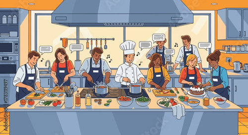 Diverse team collaborates joyfully in vibrant kitchen class learning culinary arts and teamwork