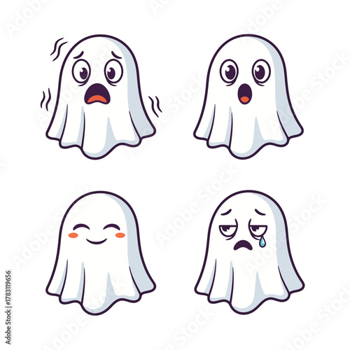 Cute cartoon ghost character set with various expressions like fear, surprise, shyness, and sadness