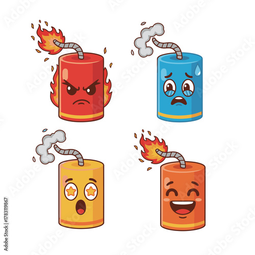Set of Firecracker Dynamite Cartoon Characters Showing Various Intense Emotions: Angry Flaming, Crying Sad, Amazed Starry-Eyes, and Laughing Happy, Vector Illustration Icons